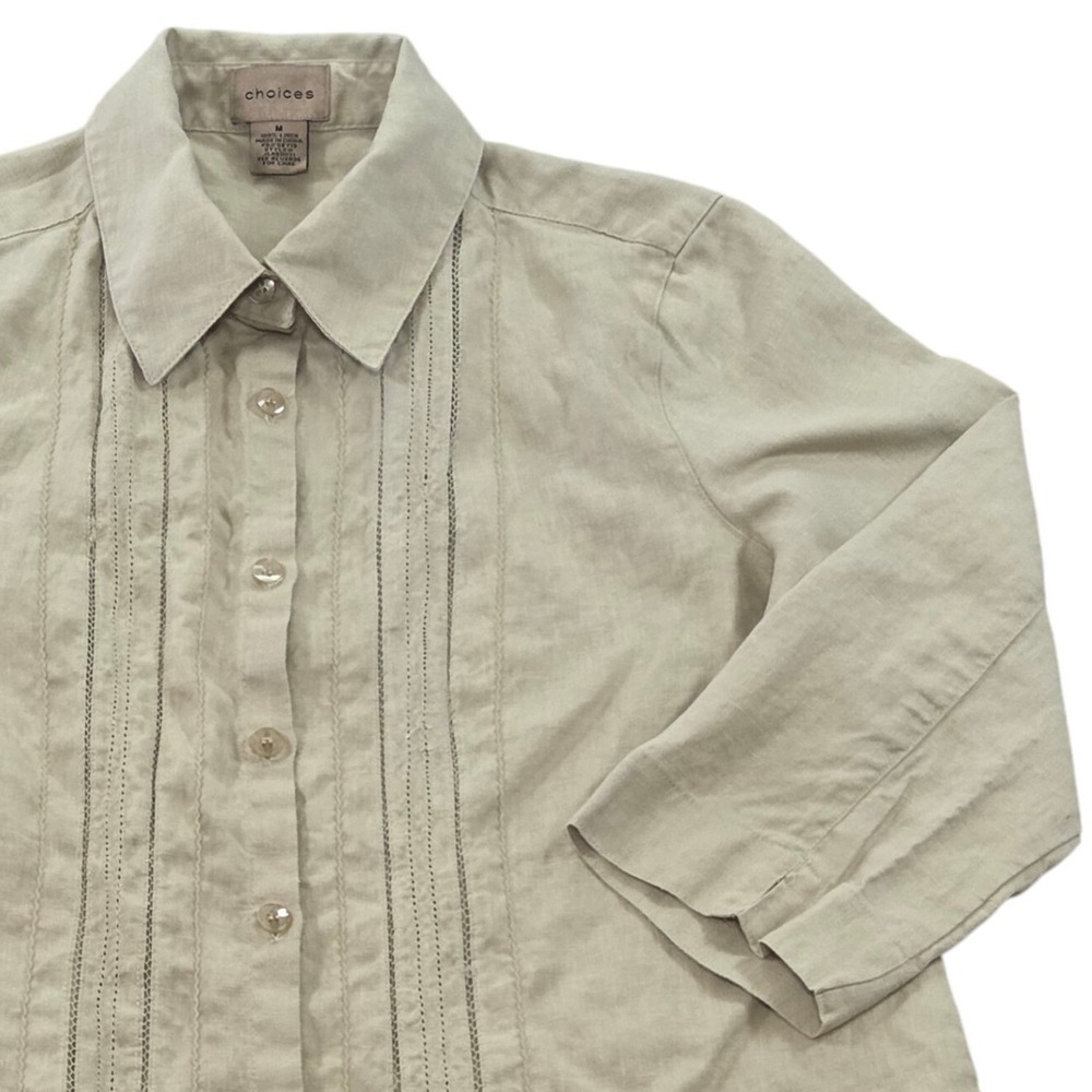 Choices 100% Linen Button Up Shirt Women's Medium Beige‎ Long Sleeve